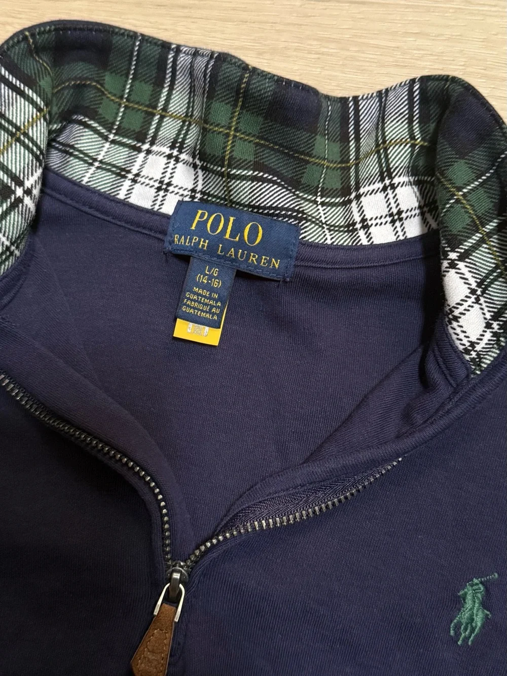 Polo by Ralph Lauren Navy Quarter-Zip with Green Plaid Collar L/ G